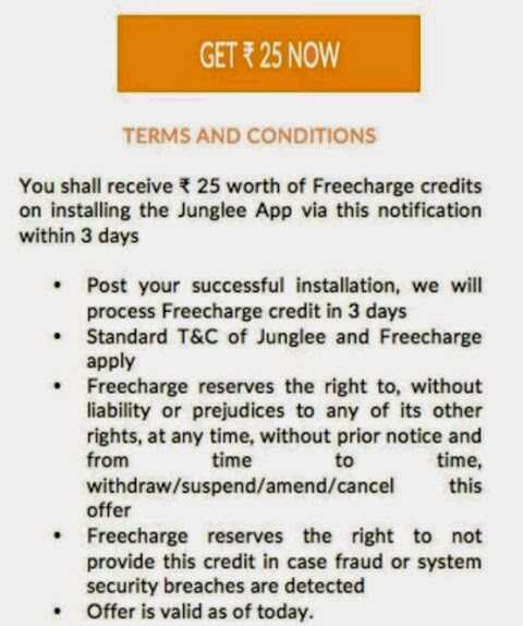 install junglee app to get rs 25 freecharge credits